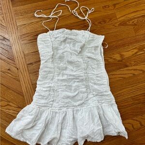 Tie shoulder white mini dress ruffle